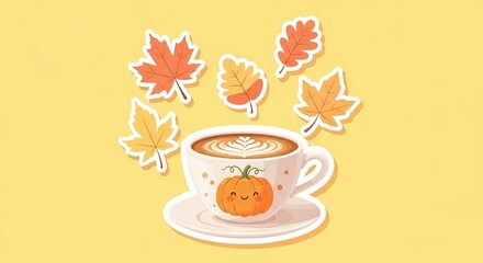 Autumn latte art with pumpkin spice and fall leaves on a yellow background for seasonal cheer and cozy vibes perfect for autumn lovers