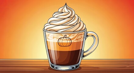 Delicious pumpkin spice latte with whipped cream on a wooden table against an orange background perfect for autumn and fall season designs