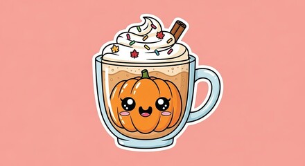 Cute pumpkin spice latte in a glass mug with whipped cream and a cinnamon stick on a pink background perfect for autumn and halloween designs