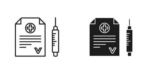 Healthcare icons showing medical records with a syringe for vaccination campaigns and health insurance plans