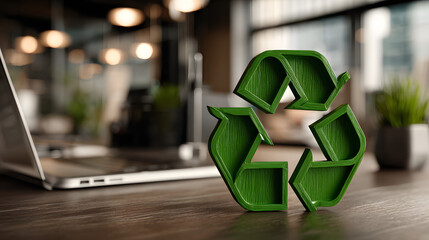 Green recycle symbol icon sign with professional environment background to represent recycling or sorting of waste at office and for working people