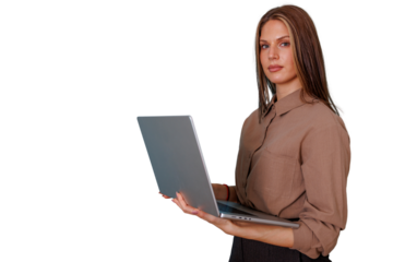Professional woman holding working on laptop, digital communication, business technology, remote work, transparent background