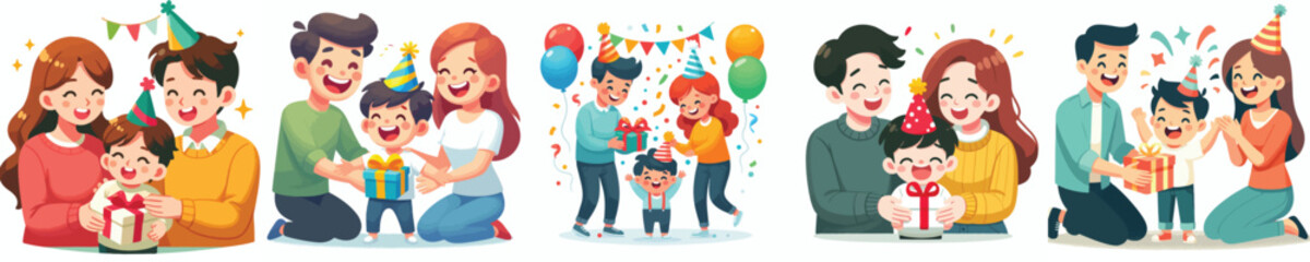 vector family giving new year gift to child