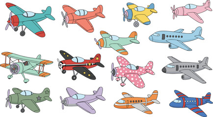 Set of colorful cartoon airplanes, including propeller planes, biplanes, and jets, illustrating transport, travel, aviation, and children's education vector drawing.