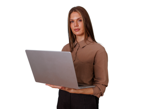 Young confident businesswoman working on laptop, holding device interacting with modern technology, transparent background