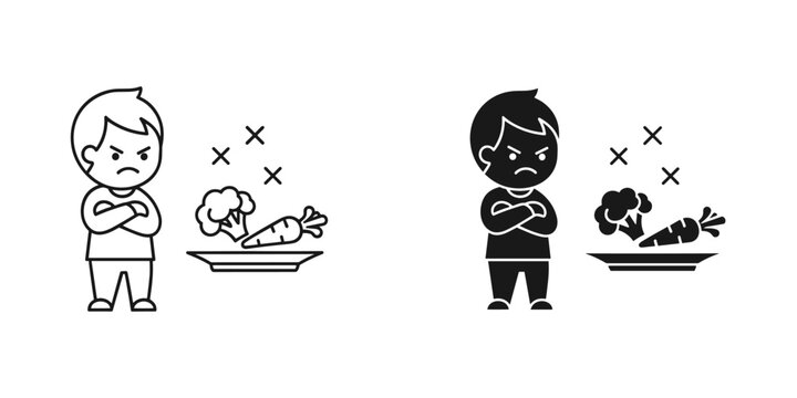 Stubborn child refusing to eat healthy vegetables like broccoli and carrots on plate with crossed arms