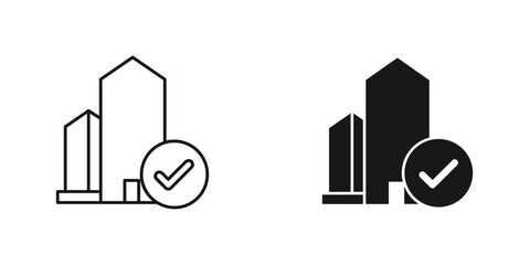 Approved building project with modern architecture and positive checkmark in clean style for urban development © ICON  WAREHOUSE
