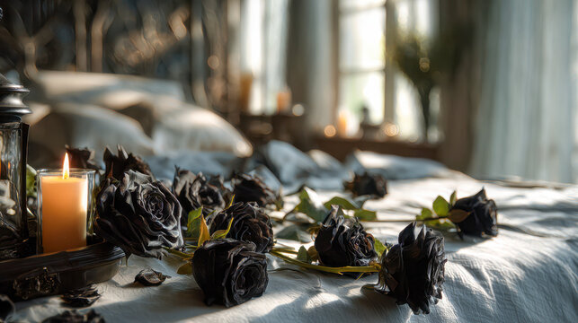 Moody and intimate bedroom scene with black roses scattered on bed linen illuminated by warm candlelight and soft daylight through sheer curtains