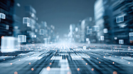 Futuristic digital landscape with glowing grid and floating translucent cubes representing advanced technology and data flow in modern virtual environment