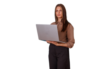 Businesswoman standing and holding open laptop, working and using digital technology, transparent background