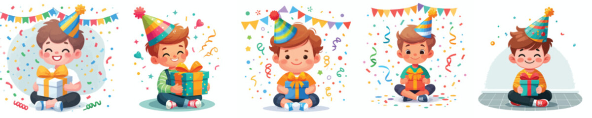 vector of a little boy sit holding new year gift