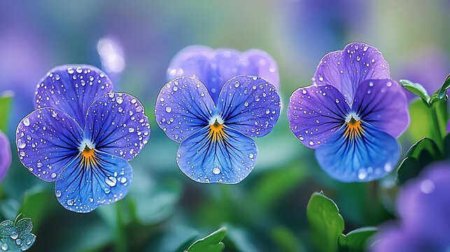 Close-up of vibrant purple and blue pansy flowers with sparkling water drops on petals, showcasing fresh nature.