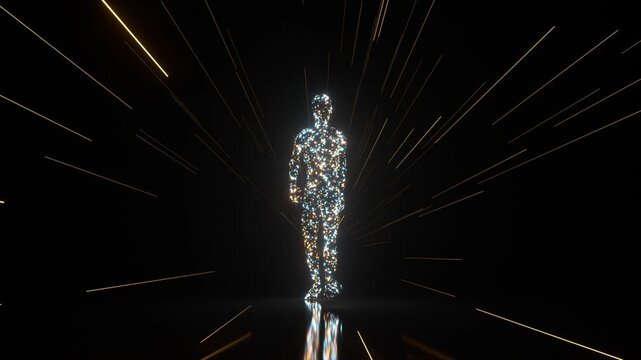 Humanoid figure made of sparkling diamonds materializing and walking toward the camera through a futuristic tunnel of light, representing concepts of creation, ai, and digital reality