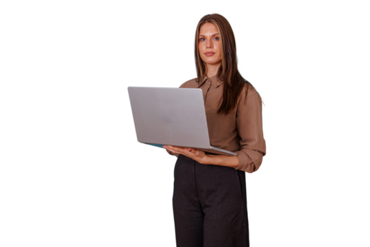 Businesswoman standing and holding open laptop, working and using digital technology, transparent background