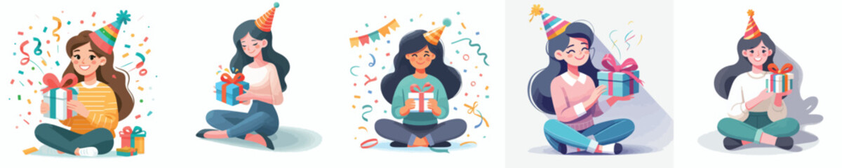 vector of a woman sit holding new year gift