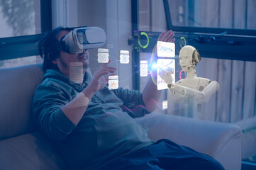 man wearing VR glasses for Internet of things modern operation by vr glasses innovation technology concept. Wireless communication augmented reality network IOT ICT