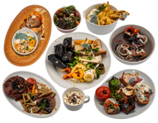 A diverse assortment of international dishes including pasta, salads, seafood, and desserts arranged on a dining table