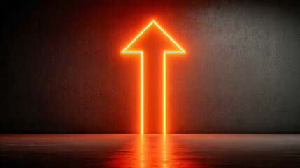 Glowing neon arrow pointing upward on dark textured wall with reflective floor creating futuristic and motivational ambiance for success concept design
