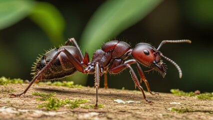 Fototapeta premium Two ants on a wooden surface with green foliage in the background.