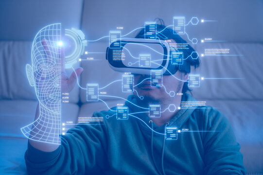 man wearing VR glasses for Internet of things modern operation by vr glasses innovation technology concept. Wireless communication augmented reality network IOT ICT