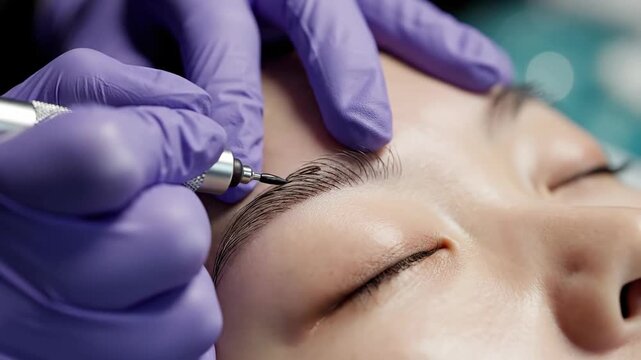 Professional microblading procedure on eyebrow close up