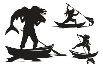 Vector illustration silhouette of fishermen catching large fish from small boats, dynamic fishing poses, isolated on white background.