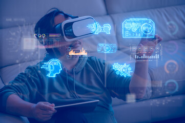man wearing VR glasses for Internet of things modern operation by vr glasses innovation technology concept. Wireless communication augmented reality network IOT ICT