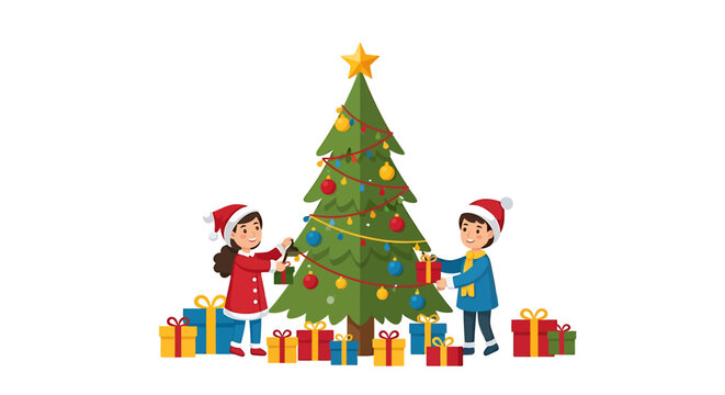 Cheerful children decorating a festive Christmas tree with colorful ornaments and a shining star, surrounded by a pile of beautifully wrapped presents, embracing the holiday spirit