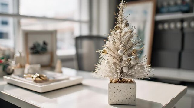 Tiny desktop christmas tree, elegant mini christmas tree on a modern office desk, subtle sparkles, refined seasonal aesthetic