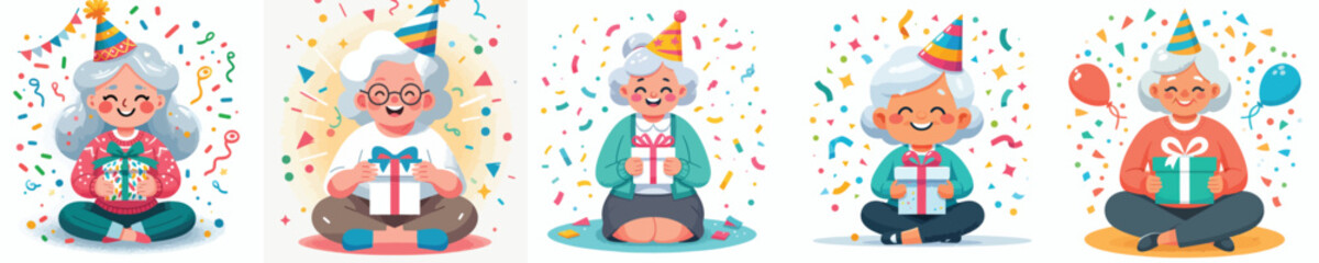 vector of a granmother sit holding new year gift