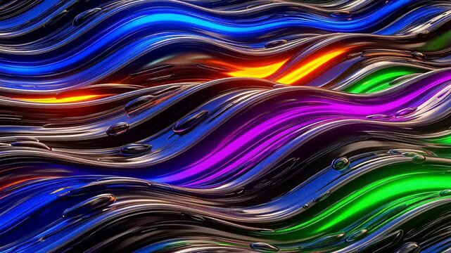 Vibrant wavy lines dance across the screen in a mesmerizing display of color and movement in an abstract video from a top-down viewpoint