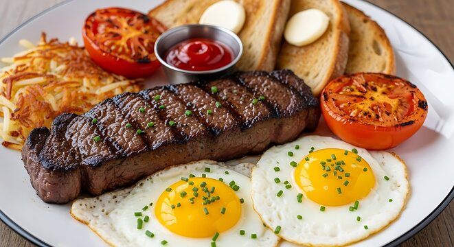 Delicious Steak and Eggs Breakfast Platter with Hash Browns and Grilled Tomatoes. - Powered by Adobe