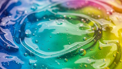 Experience a vibrant rainbow swirl of clear gel with captivating bubbles for skincare, cosmetics, or scientific applications today