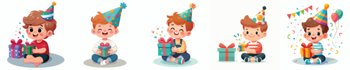 vector of a little boy sit holding new year gift