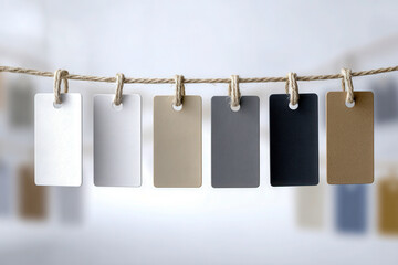 A set of neutral color paint swatches hanging from a rope against a blurred background, showcasing various shades of white, beige, gray, and brown for decoration or desig