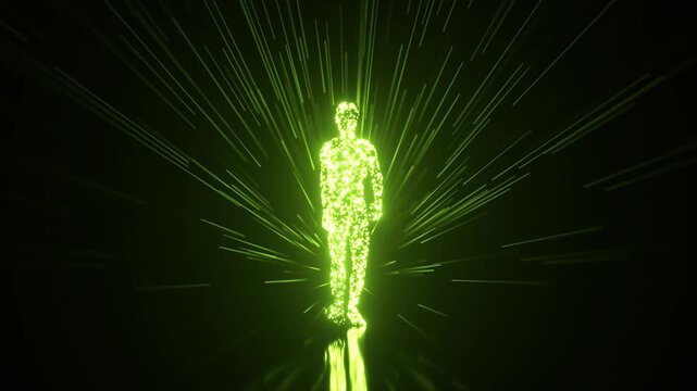 Green luminous particles coalescing to form a human silhouette, which then stands while radiating brilliant light rays against a dark background, conceptualizing creation and digital consciousness - Powered by Adobe