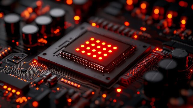 Close-up of glowing red lights on a computer microchip and circuit board, depicting advanced technology and digital data processing.