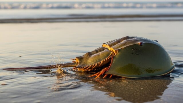 A horseshoe crab on a sandy beach at sunset. - Powered by Adobe