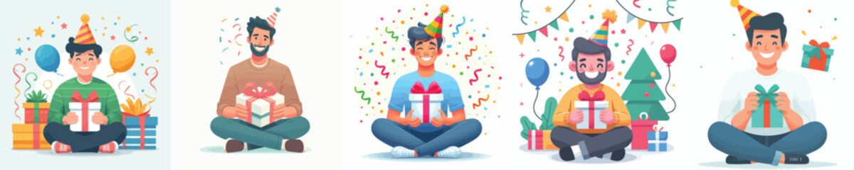 vector of a man sit holding new year gift