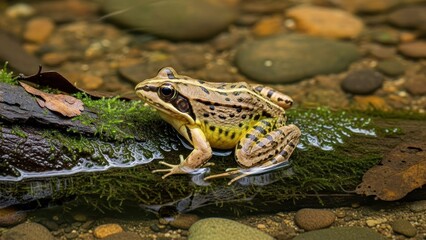 A frog sitting on a log in a rocky stream with moss and leaves.