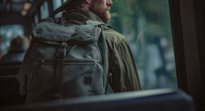 Man with backpack gazing out the window, reflecting in solitude.