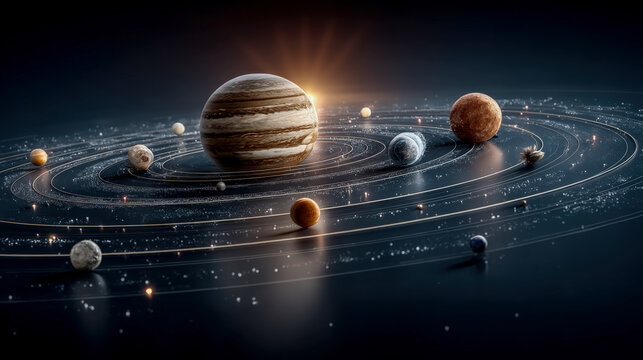 Artistic representation of the solar system with planets orbiting a luminous sun.
