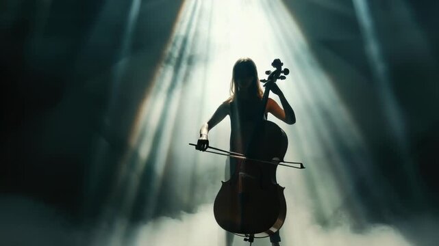 Video A woman plays the cello in a dimly lit room, creating a sense of intimacy and atmosphere