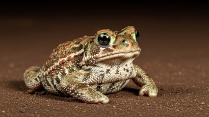 A green and brown frog with large black eyes sitting on a brown surface.