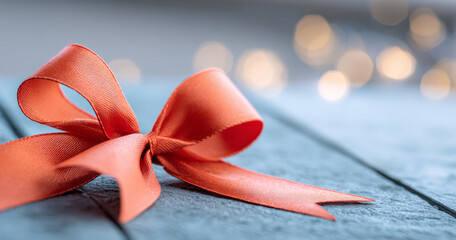 A red bow sits on a wooden surface with bokeh lights in the background, suggesting it is part of a gift presentation or decoration for an event such as Christmas or Valentine's Day.