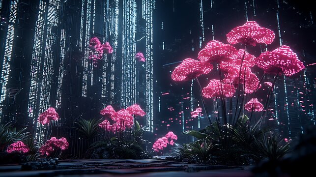 Bioluminescent Pink Flowers Glowing in Futuristic Cyberpunk Cityscape with Blue Digital Data Lines - Powered by Adobe