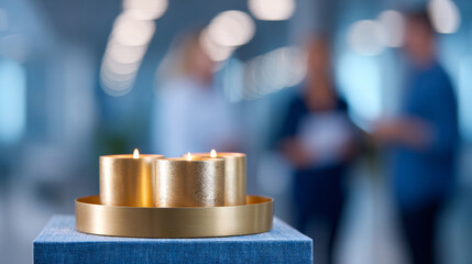 A gold candle holder with three candles on a blue surface in the foreground, and people standing around conversing out of focus behind it