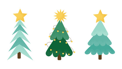 Christmas trees collection with stars and garlands  isolated on white background. Minimalistic trees set with grain texture. Merry Christmas and Happy New Year tree. Flat design. Vector illustration 