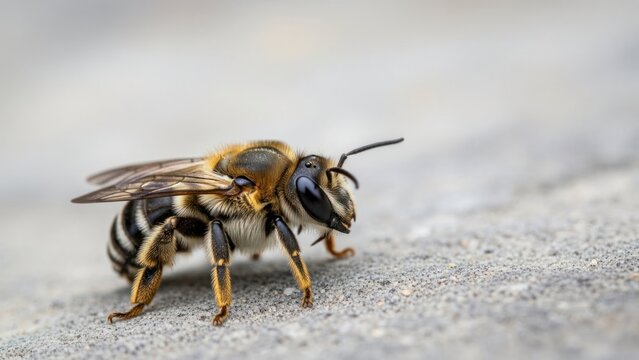 A bee on a stone surface with a blurred background. - Powered by Adobe
