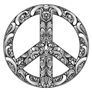 Hippie vintage peace symbol in zentangle style for adult anti stress. Coloring page with high details. Made by trace from sketch. Hippy colorful vector illustration